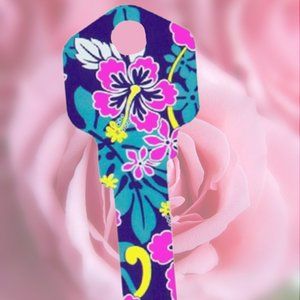 Blue Hawaii Hibiscus Painted House Key Blank KW1